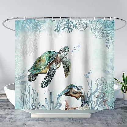 AILONEN Sea Turtle Shower Curtain for Bathroom Teal Blue Ocean Beach Coastal Bath Curtain Decor 72" W*84" H Polyester Fabric Waterproof Bathroom Curtain with 12 Hooks
