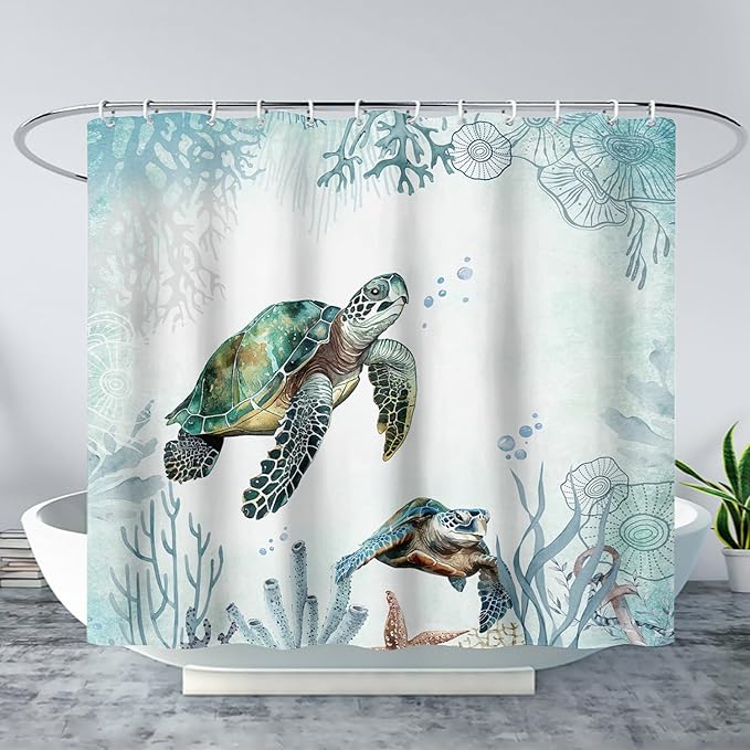 AILONEN Sea Turtle Shower Curtain for Bathroom Teal Blue Ocean Beach Coastal Bath Curtain Decor 72" W*78" H Polyester Fabric Waterproof Bathroom Curtain with 12 Hooks