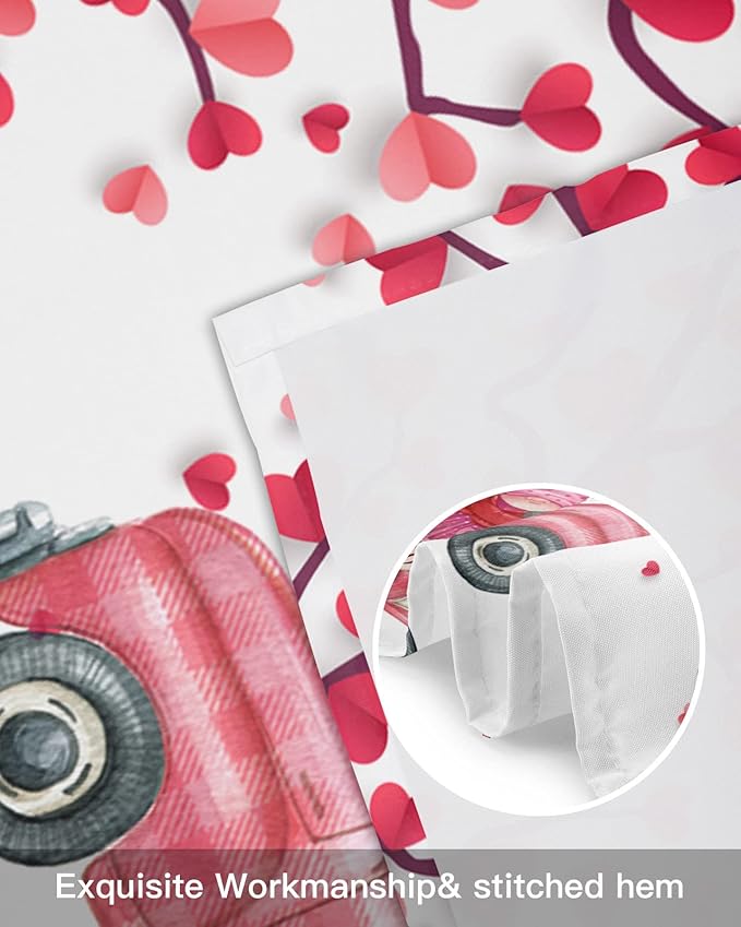 Happy Valentine's Day Valances Kitchen Curtains for Windows,Valentines Gnomes Farmhouse Trucks Rod Pocket Valances Pink Hearts Tree Decor Short Curtains for Bedroom/Living Room,54" X 18" -1 Panel