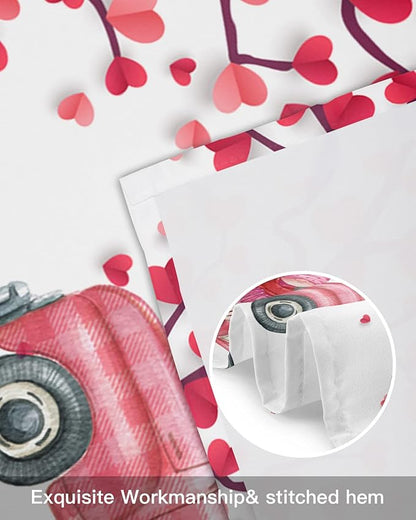 Happy Valentine's Day Valances Kitchen Curtains for Windows,Valentines Gnomes Farmhouse Trucks Rod Pocket Valances Pink Hearts Tree Decor Short Curtains for Bedroom/Living Room,54" X 18" -1 Panel