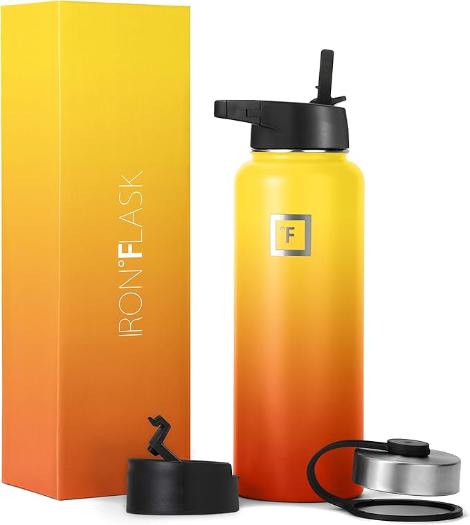 IRON °FLASK Camping & Hiking Hydration Flask, Wide Mouth, 3 Straw Lids, Stainless Steel Outdoor Water Bottle, Double Walled, Insulated Thermos, Metal Canteen - Fire, 40 Oz