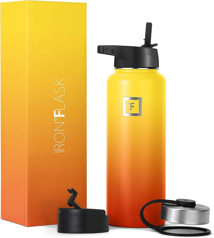 IRON °FLASK Camping & Hiking Hydration Flask, Wide Mouth, 3 Straw Lids, Stainless Steel Outdoor Water Bottle, Double Walled, Insulated Thermos, Metal Canteen - Fire, 40 Oz