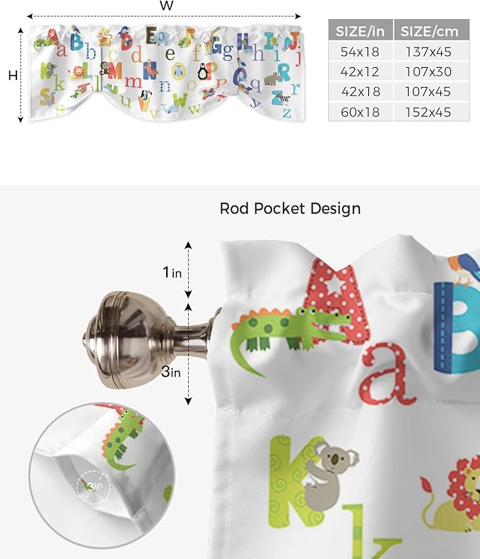 Cute Animals Alphabet for Kids Blackout Tie Up Valance Curtains for Kitchen Windows Colorful Printed Window Toppers Balloon Shades for Living Room/Bathroom/Bedroom,1 Panel,60" X 18"