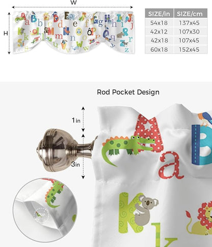 Cute Animals Alphabet for Kids Blackout Tie Up Valance Curtains for Kitchen Windows Colorful Printed Window Toppers Balloon Shades for Living Room/Bathroom/Bedroom,1 Panel,60" X 18"