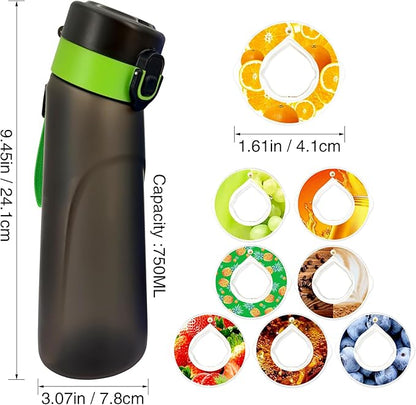 Air Water Bottle with Flavor Pods, Flavored Water Bottle,750ML Large Scented Flavor Water Bottle,Sports Water Cup with Straw Suitable for Gym and Outdoor Games(New Black Green +8Pods)