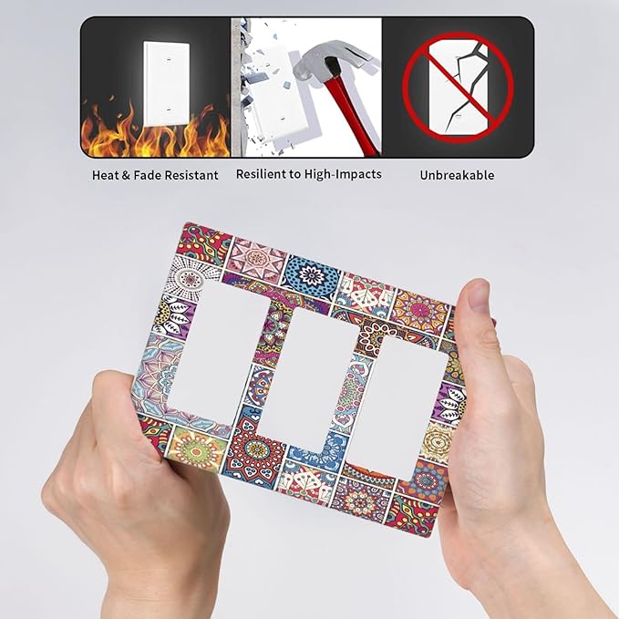 Morocco Talavera Mexican Tiles Printed Colroful Mandala 3 Gang Rocker Light Switch Covers Triple Outlet Wall Plate Decorative Switchplate Cover Faceplate GFCI for Kitchen Bathroom Bedroom Decor