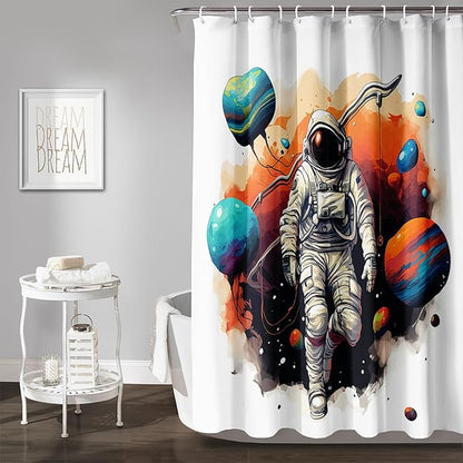 AILONEN Astronaut Shower Curtain for Bathroom,Planet Spaceman Bath Curtain for Kids Boys Teens,Universe Polyester Waterproof with 12 Plastic Hooks 72" W*96" H