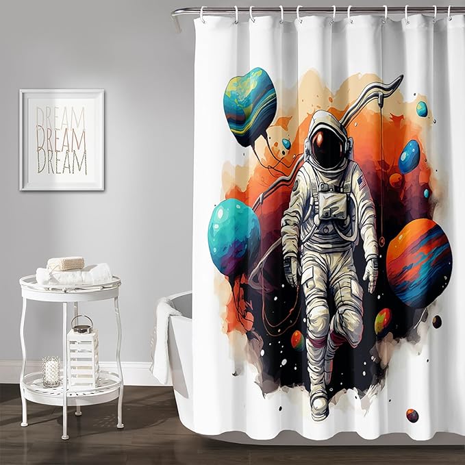AILONEN Astronaut Shower Curtain for Bathroom,Planet Spaceman Bath Curtain for Kids Boys Teens,Universe Polyester Waterproof with 12 Plastic Hooks 60" W*72" H