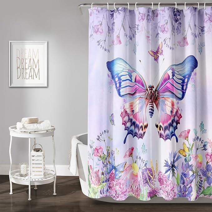 AILONEN Colorful Butterfly Shower Curtain for Girl Women,Purple Flower Beautiful Butterfly Printed Bath Curtain 72" W*96" H Polyester Fabric Waterproof Bathroom Bathtub Curtain with 12 Hooks