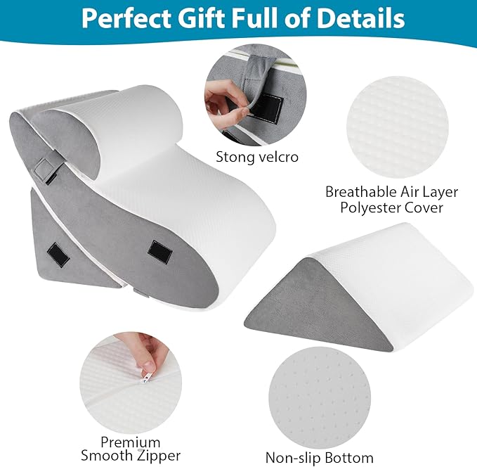 4pcs Wedge Pillow Headboard Set. Comfortable Sleep and Rest Relieves Back and Leg Pain, Aids in Acid and Gastro-Oesophageal Reflux Relief, Reduces Snoring - White