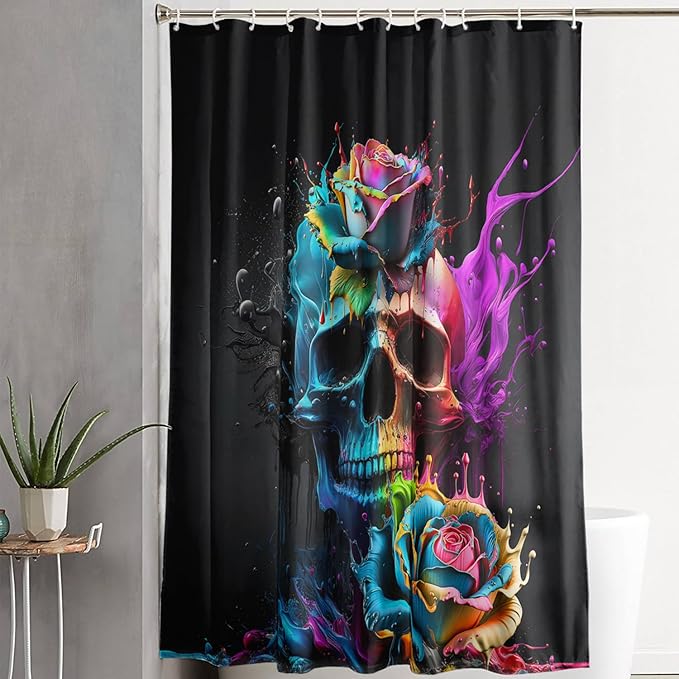 AILONEN 3D Sugar Skull Shower Curtain,Colorful Rose with Skeleton Design Shower Curtain Set with Hooks for Boys Girls Teens,Colour Inkjet Theme48 W*72" H