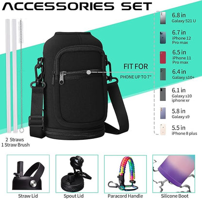 64OZ Insulated Water-Bottle with Paracord-Handle - Half Gallon Water Bottle Jug with Straw & Spout Lids, Bottle Sleeve & Boot, Keep Cold-48h Hot-24h for Fitness Outdoor Camping Hunting, Hiking