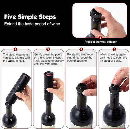 Automatic Wine Saver Pump Set for Red Wine with 4 Reusable Vacuum Bottle Sealer Stoppers USB Type-C Charging - Black