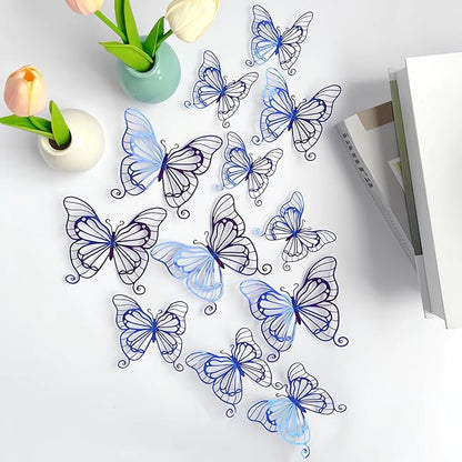 3D Butterfly Wall Decor 3 Sizes 4 Styles, Kurilai 48Pcs Butterfly Decorations Party Birthday Cake Decoration, Removable Wall Stickers for Kids Nursery Wedding Bedroom Room Decor (Blue)