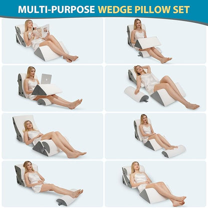 4pcs Wedge Pillow Headboard Set. Comfortable Sleep and Rest Relieves Back and Leg Pain, Aids in Acid and Gastro-Oesophageal Reflux Relief, Reduces Snoring - White