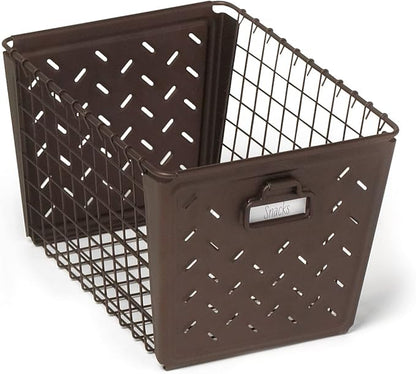 Tovolo Macklin, Stamped Steel & Wire Basket for Closet & Cubby Storage Vintage-Inspired Design with Customizable Label Plate, Medium, Bronze