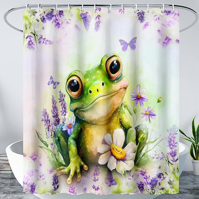AILONEN Cartoon Frog Shower Curtain, Cute Green Frog Shower Curtain Set with Hooks for Kids Boys Girls,Purple Flowers Tropical Amphibian Waterproof Fabric Shower Curtain for Bathroom,48" W*72" H
