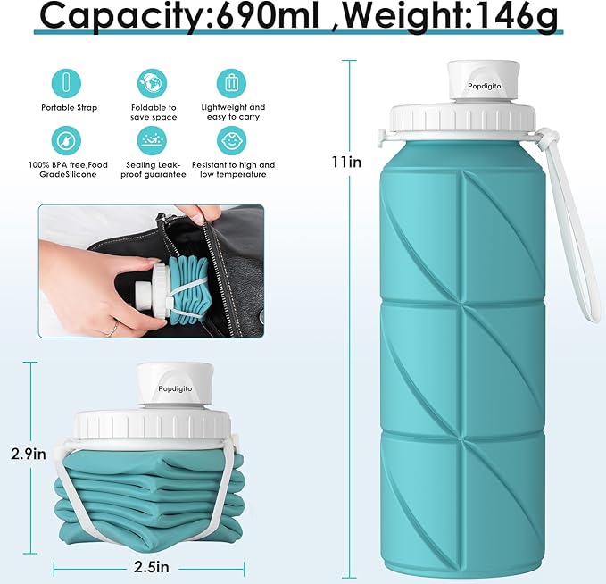 4pack Collapsible Water Bottles Foldable Silicone Travel Water Bottle Leakproof Flexible BPA Free Portable,Folding Water Bottle Lightweight for Camping,Hiking,Sports Travel Bottles 23oz