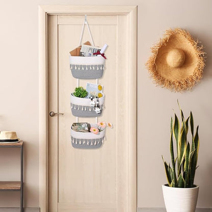 Over The Door Hanging Basket Boho Woven Wall Hanging Baskets 3-Tier Cotton Wall Mounted Storage Organizer Bag Macrame Decorative Hanging Baskets for Kitchen Laundry Room Stairs(Gray, White)
