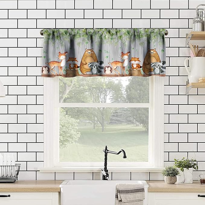 Cartoon Window Valance, Kids Woodland Animal Print Bears Deer Trees Leaves Forest Kitchen Valance for Living Room Nursery Bedroom Nursery Decor with Rod Pocket 54x18 Inch, 1 Panel