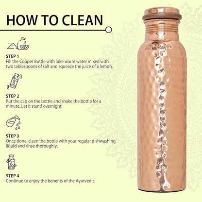 VJR Copper Bottle For Drinking 33 Oz Ayurvedic Leak Proof lid Hammered Design Durable Lightweight Hand Washable Vessel Clean Cool Water Natural Minerals Boost Energy Safe Water Utensil