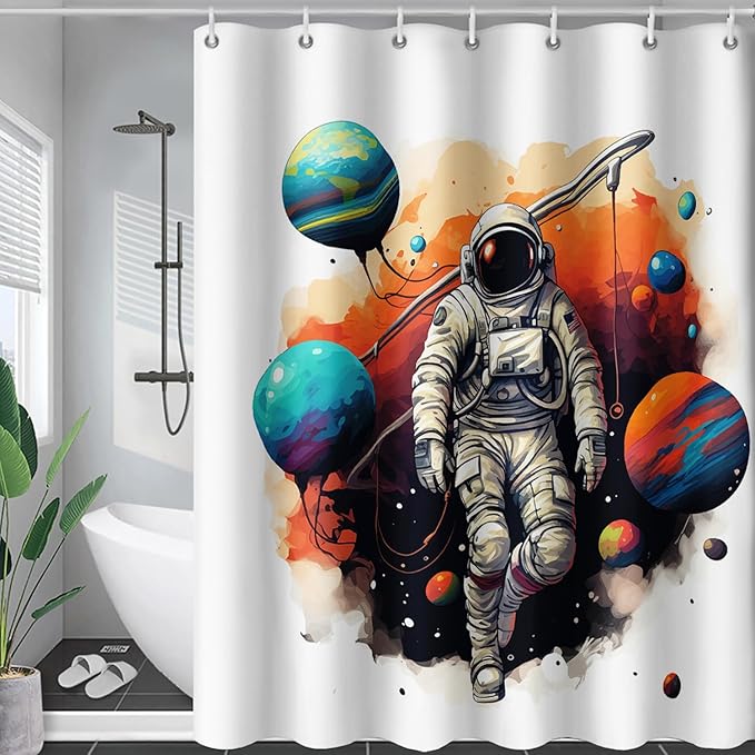 AILONEN Astronaut Shower Curtain for Bathroom,Planet Spaceman Bath Curtain for Kids Boys Teens,Universe Polyester Waterproof with 12 Plastic Hooks 72" W*78" H