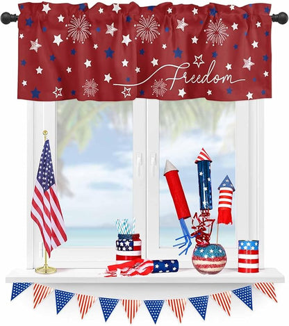 Patriotic 4th of July Kitchen Curtains Valances for Windows Red White Blue Stars Freedom Rod Pocket Window Treatment for Kitchen /Living Room/Bedroom/ Bathroom, 42" X 18", Memorial Day Summer