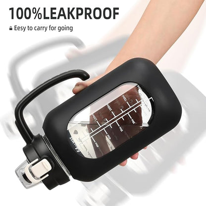 64 oz Glass Water Bolttles Half Gallon Large Motivational Water Bottle with Time Marker Sports Water Bottles with Silicone Sleeve and Handle Lid Water Jug for Gym Workout-1 Pack