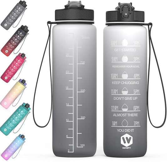 32 oz Water Bottle with Time Marker- Leak-Proof & BPA Free Reusable Gym Water Bottle - Easy to Carry Motivational Water Bottle for Fitness, Sports, Outdoor, Cycling, School (Day & Night)