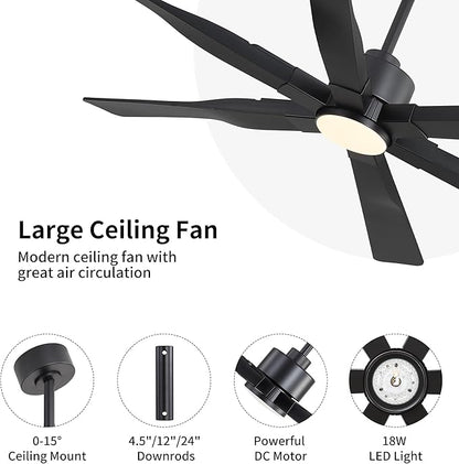68 Inch Ceiling Fan with Lights and Remote Control, 6 Reversible ABS Blades, 6-Speed Noiseless DC Motor with 4.5" / 12" / 24" Downrods for Bedroom Dining Living Room, Black