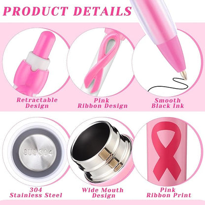 6 Pcs Breast Cancer Awareness Gifts Mini Thermal Stainless Steel Water Bottle With Pink Ribbon Pens 4.4 Oz Pink Ribbon Water Bottle Woman Inspirational Gift for Survivor (Pink)