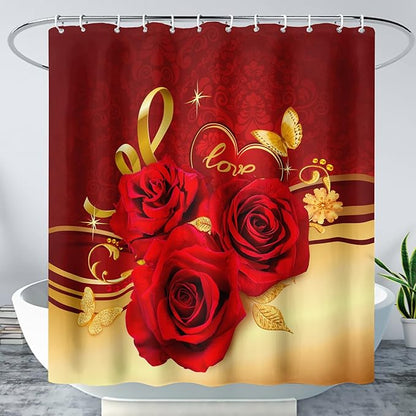 AILONEN Red and Gold Shower Curtain,Red Rose Hearts Printed Bath Curtain,Romantic Luxury Rose Flower Waterproof Curtain for Bathroom Decor 60" W x 72" H