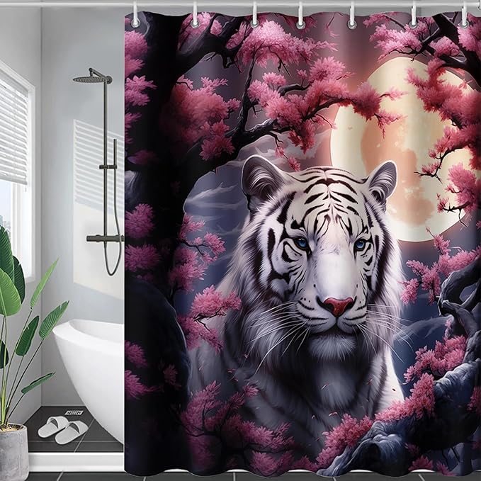 AILONEN Tiger Shower Curtains for Girls,Pink Flower White Tiger Bath Curtains for Bathroom Decor,Wild Animal Curtains Polyester Waterproof with 12 Plastic Hooks 60" W*72" H