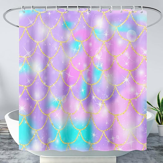 AILONEN Mermaid Scale Shower Curtain,Purple Mermaid Scale Bath Curtain for Girls Bathroom,Polyester Waterproof for Shower with 12 Plastic Hooks 72" W*96" H
