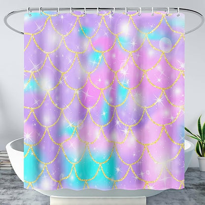 AILONEN Mermaid Scale Shower Curtain,Purple Mermaid Scale Bath Curtain for Girls Bathroom,Polyester Waterproof for Shower with 12 Plastic Hooks 48" W*72" H