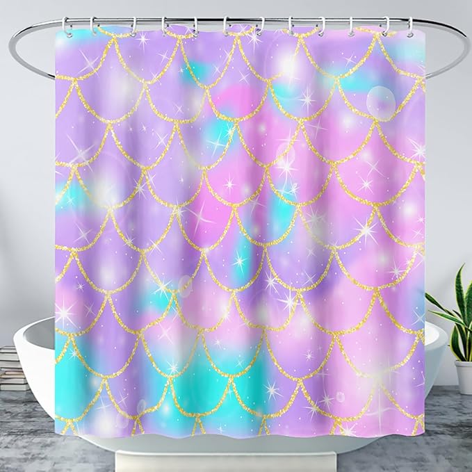 AILONEN Mermaid Scale Shower Curtain,Purple Mermaid Scale Bath Curtain for Girls Bathroom,Polyester Waterproof for Shower with 12 Plastic Hooks 72" W*72" H