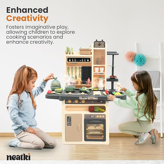 Kids' Play Kitchen Set, 27.95 x 11.22 x 36.81 Inch, 65-Piece Toy Kitchen Playset with Functional Faucet, Realistic Steam Effects, Lights and Sounds, and Other Kitchen Accessories (Dark Gray)