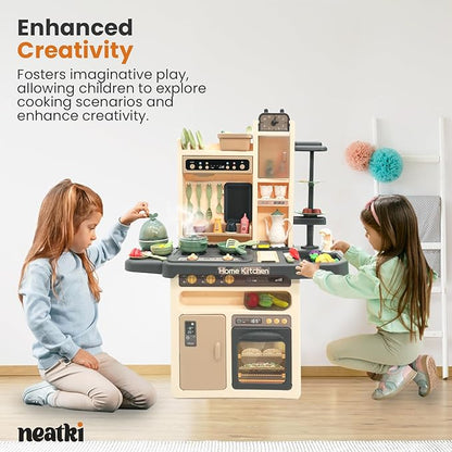 Kids' Play Kitchen Set, 27.95 x 11.22 x 36.81 Inch, 65-Piece Toy Kitchen Playset with Functional Faucet, Realistic Steam Effects, Lights and Sounds, and Other Kitchen Accessories (Dark Gray)