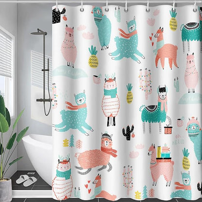 AILONEN Cute Llama Alpaca Shower Curtain 60" W*72" H Bathroom Curtains for Kids,Cartoon Animals Colorful Girls Cactus Bath Decor Fabric Polyester Waterproof Shower Curtain with 12 Pack Plastic Hooks