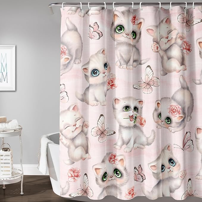 AILONEN Cat Kids Shower Curtain 36" W*72" H for Girls Teen,Kawaii Cat Butterfly Bath Curtain,Girls Pink Shower Curtain,Cat Lover Bathroom Curtain Decor Polyester Waterproof Curtain with 12 Hooks