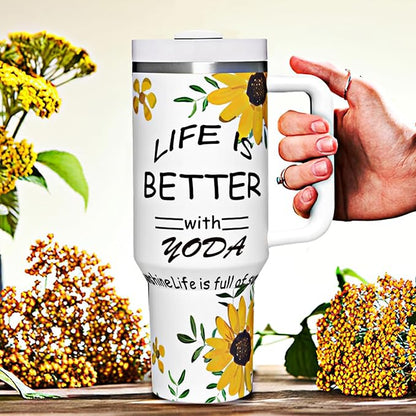 30oz Sunflowers Coffee Tumbler with Handle, Stainless Steel Double Wall Vacuun Insulated with Straw and Leak Proof Lid Travel Coffee Mug Cup, Birthday Gifts for Adult Women Men