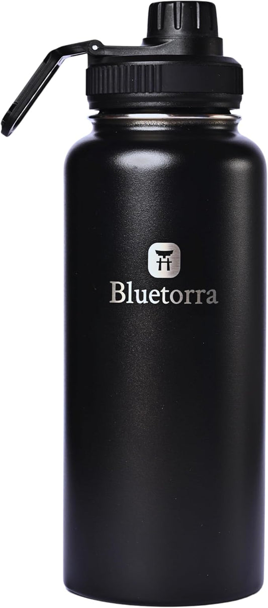 Bluetorra Black Stainless Steel Water Bottle 32 oz Vacuum Insulated, Leakproof Lid Keeps Drinks Cold 24 Hours, Durable - Ideal for Sports, Gym, Outdoor Activities Stay Hydrated water bottle