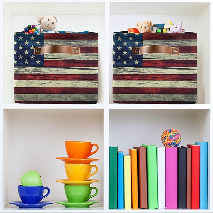 Retro American Flag Storage Basket Collapsible Storage Box with Leather Handles Rectangular Laundry Organizer 1 PC for Bathroom Clothes Kids Toys Nursery