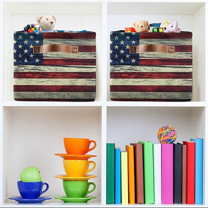 Retro American Flag Storage Basket Collapsible Storage Box with Leather Handles Rectangular Laundry Organizer 1 PC for Bathroom Clothes Kids Toys Nursery