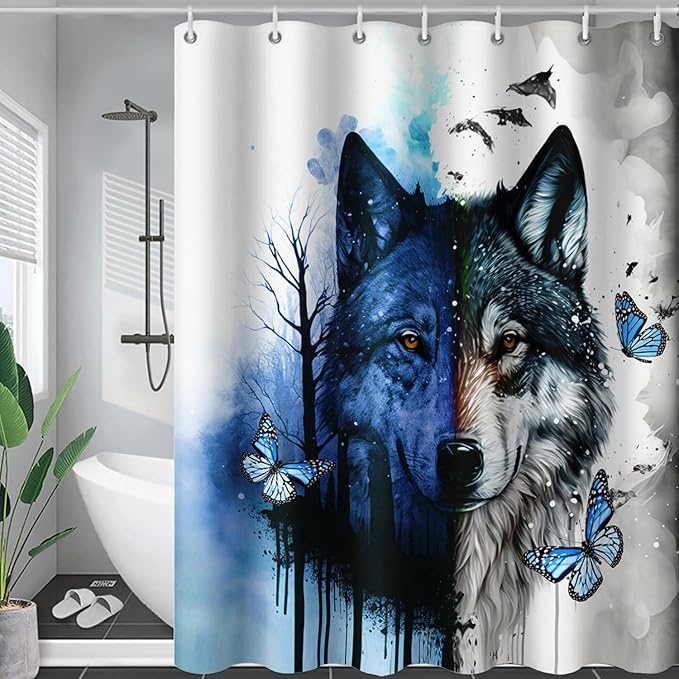 AILONEN Wolf Print Shower Curtain for Boys Men,Watercolor Wolf Bath Curtain 36" W*72" H Animal Wolf Bathroom Curtain Polyester Waterproof Wildlife Bathroom Curtain with 12 Hooks