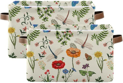 Spring Flowers Herbs Dragonfly Storage Basket Fabric Laundry Baskets Sunflower Lavender Daisy Storage Boxes Organizer Bag for Baby Cloth Dog Toy Book Storage Cubes Shelf Closet Bins 16x12x8 Inches