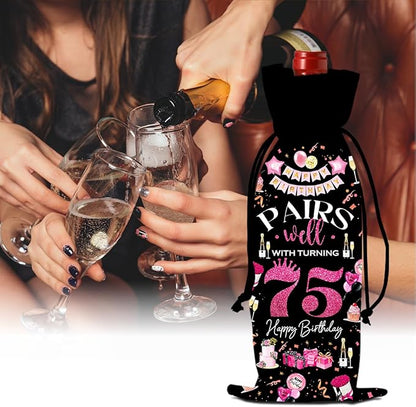 75th Birthday Gifts for Women Men Wine Bag, Birthday Gifts for 75 Year Old Man, Happy 75th Birthday Party Decorations Women for Men, Pairs Well with Turning 75 Wine Bags (Black Pink)