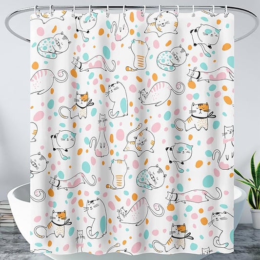 AILONEN Cat Shower Curtain,Cute Cat Bath Curtain,Pet Cat Kitten Bathroom Curtain Decor,Cartoon Animal Polyester Waterproof 72" W*78" H Shower Curtain for Boys Girls (12 Hooks)