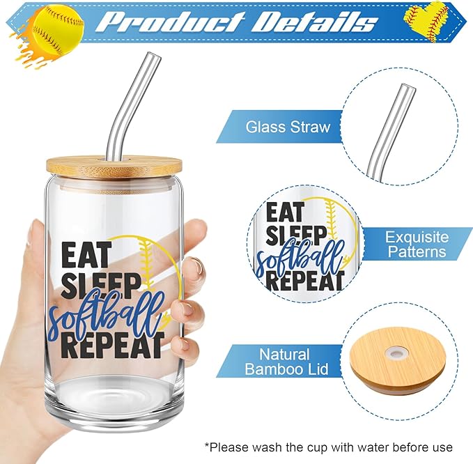 4 Pcs Softball Gifts Softball Glass Cup 16oz Softball Water Bottles Inspirational Softball Theme Makeup Bag Softball Bracelet Elastic Softball Scrunchies Softball Accessories for Girls Back to School