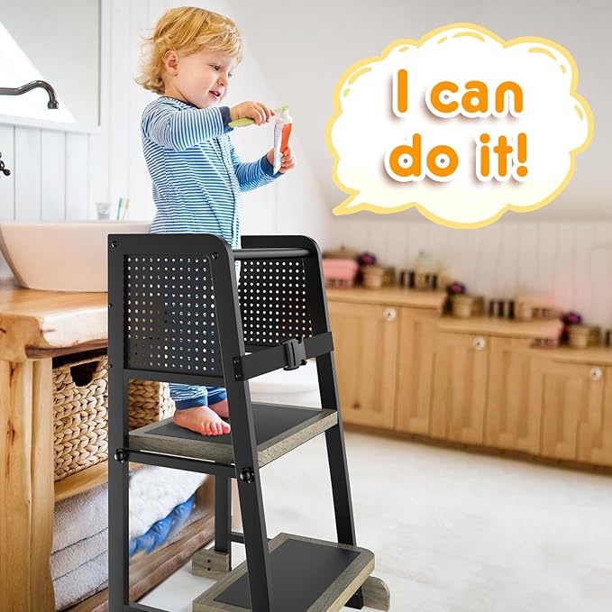 Kitchen Step Stool for Kids, Learning Tower for Toddlers 1-3, Kitchen Tower with Anti-Slip Mat and Adjustable Stand, Wood Metal Standing Stool for Counter, Light Brown and Black